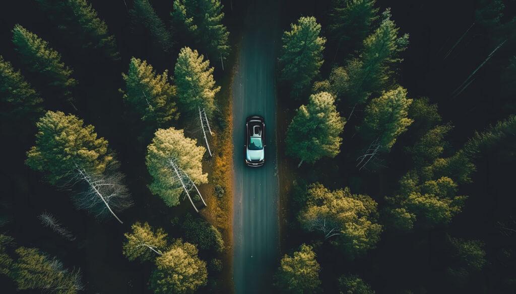 Auto fährt auf einer Straße im Wald