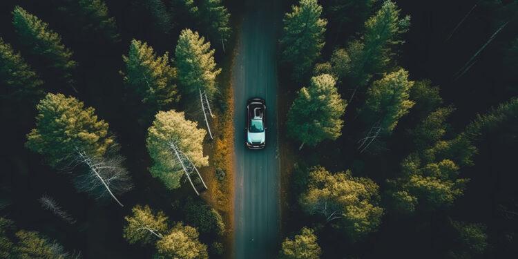 Auto fährt auf einer Straße im Wald